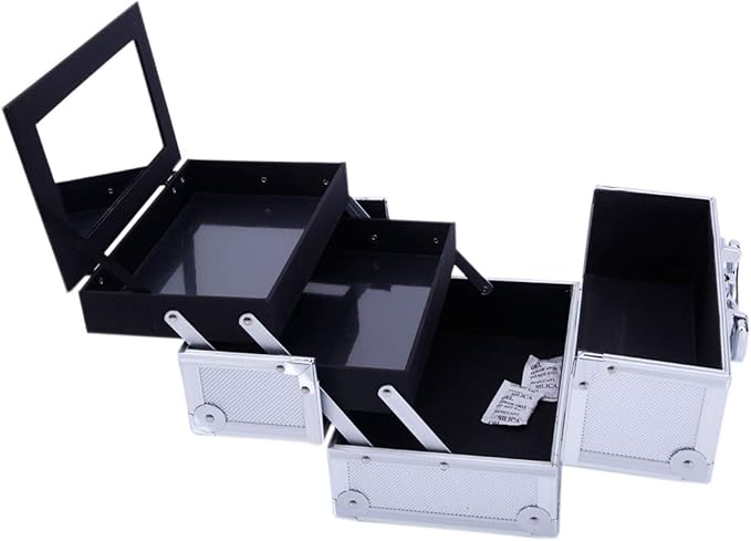 Makeup Box Train Case Large Storage Capacity Trays with Mirror Portable Travel Cosmetic Organizer with Brush Holder, Makeup Travel Train Case, 9" Lx 6" W x 6" H Silver