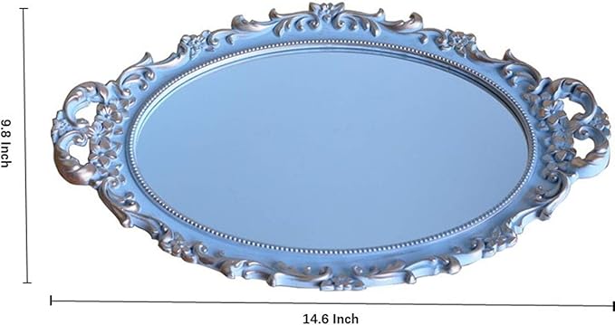 Oval Decorative Mirror Tray, French Style Flower Frame, Makeup Organizer, Jewelry Organizer, Serving Tray, 9.8"x 14.6", Gold