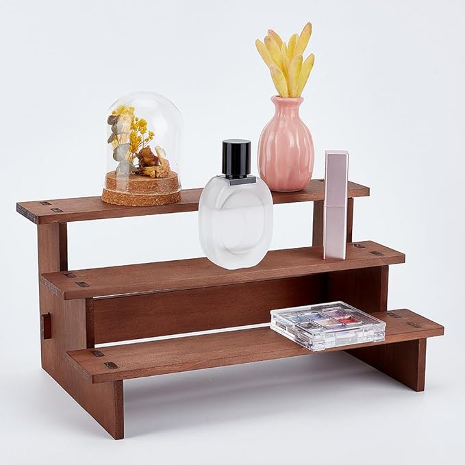 NBEADS 3-Tier Wooden Display Riser Shelf, 7.05x11.65x5.59 Inch Camel Tabletop Small Food Stand Risers Display Makeup Step Perfume Organizer for Fragrance Cosmetics Figure Collection
