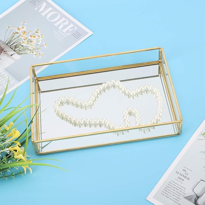 Gold Perfume Tray, Rectangle Decorative Glass Mirror Vanity Tray Jewelry Photo Display Organizer for Trinket Cosmetics Makeup Bathroom Bedroom Home Table Decorative (S)