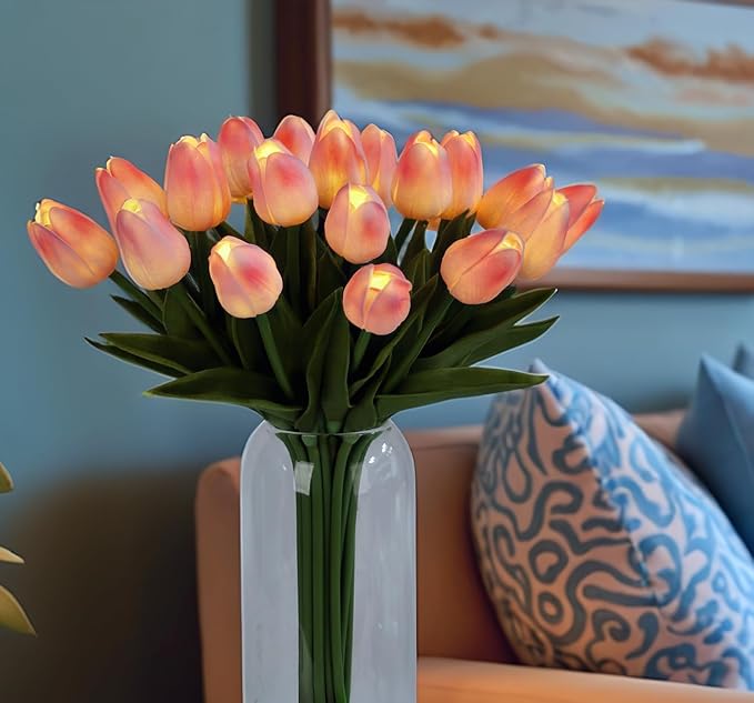 HOMESEASONS 20pcs Tulip Bouquet Lamp Artificial Flower Night Light Real Touch Tulip Night Lamp LED Flower Light Home Kitchen Decor(Pink)