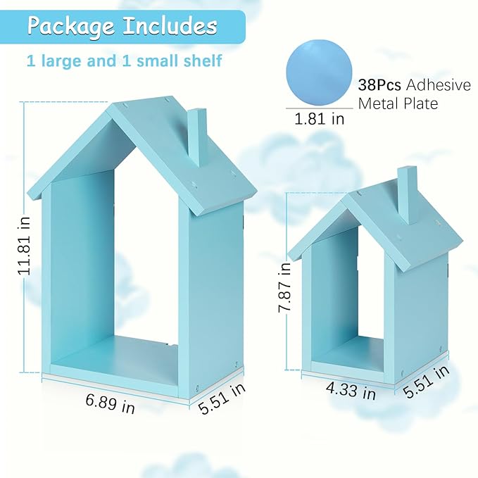 for Tonies Shelf Magnetic - for Tonies Figure Organizer Kids Room, Wooden Display Shelf for Tonies Box Holder, Wall Floating Shelves Toy Storage, House Shape Set of 2 with 38Pcs Adhesive Metal (Blue)