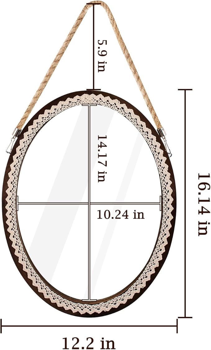 OKSQW 16 Inch Oval Wall Mirror Lace Frame Art Decorative Rustic Farmhouse Wooden Mirror Hanging Mirror with Rope for Entryway Bedroom Living Room Bathroom