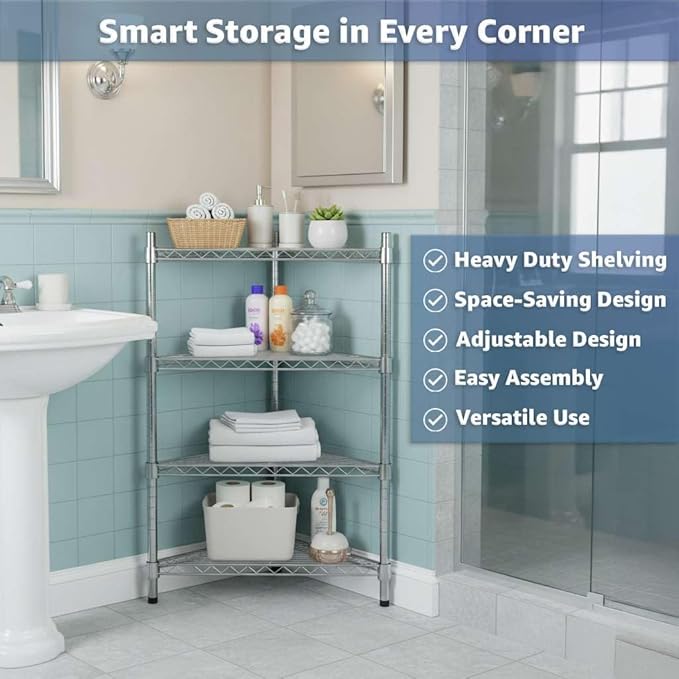 33" W x 24" D x 64" H NSF Chrome Triangle Heavy Duty Corner Shelving Kit, 5-Shelf Adjustable Wire Rack