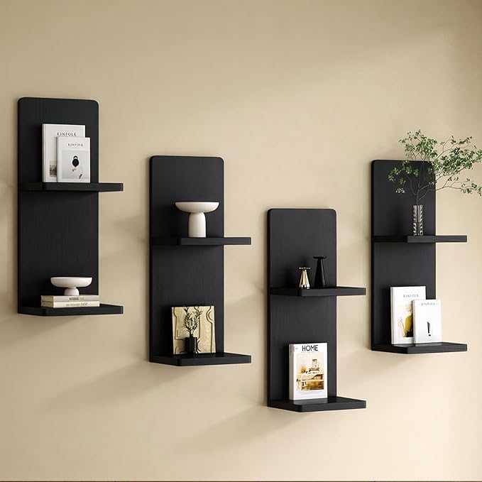 Floating Wall Shelves Set of 2, Black Solid Wood Double Layer Wall Mounted Shelf, 20 x 8 x 6 Inches, Modern Storage for Bedroom, Bathroom, Kitchen, Home Decor, Plants & Cosmetics