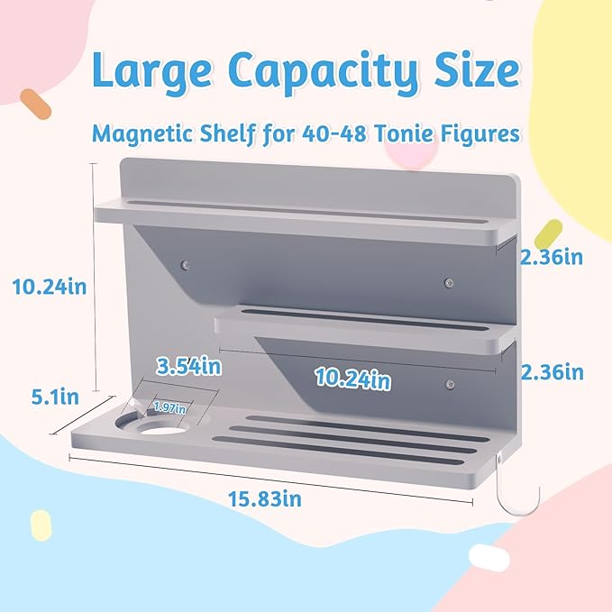 for Tonies Shelf Magnetic - Tonies Figure Organizer for Kids Room, Wooden Magnetic Display Shelf for Tonies Box Holder, Wall Floating Shelves Toy Storage Compatible Charging Station (3 Tier, Grey)