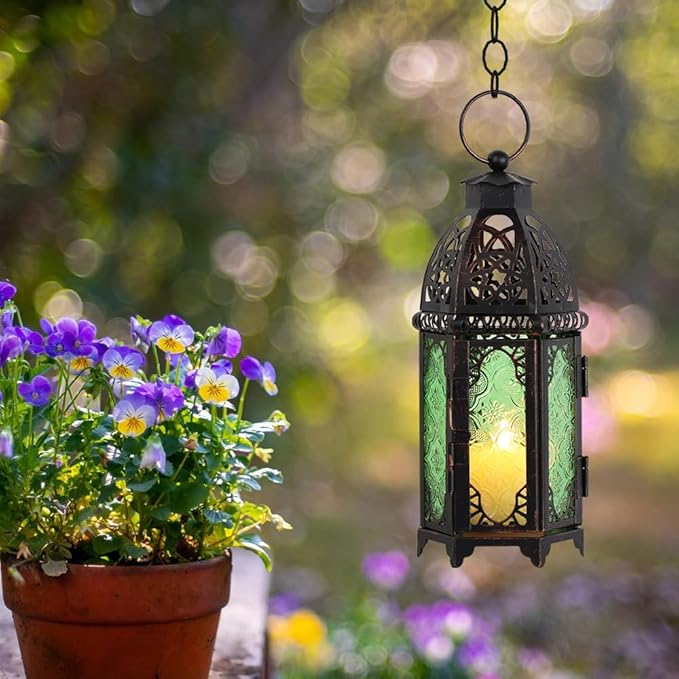 DECORKEY Christmas Decorations for Home, 11’’ Medium Size Vintage Metal Hanging&Tabletop Candle Holder Decor, Halloween Ramadan Decorations for Indoor Outdoor Porch Patio (Green)