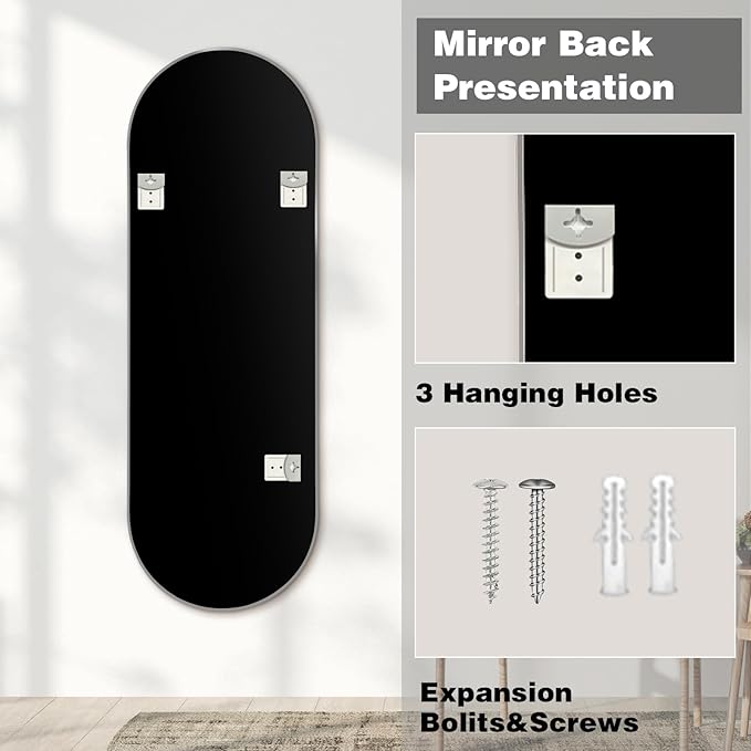 Niccy 48"×16" Oval Full Length Mirror, Long Oval Mirror with Unique Metal Frame Large Explosion-Proof Hanging Mirror for Living Room, Decorative Vanity Mirror for Bathroom, Bedroom, Silver