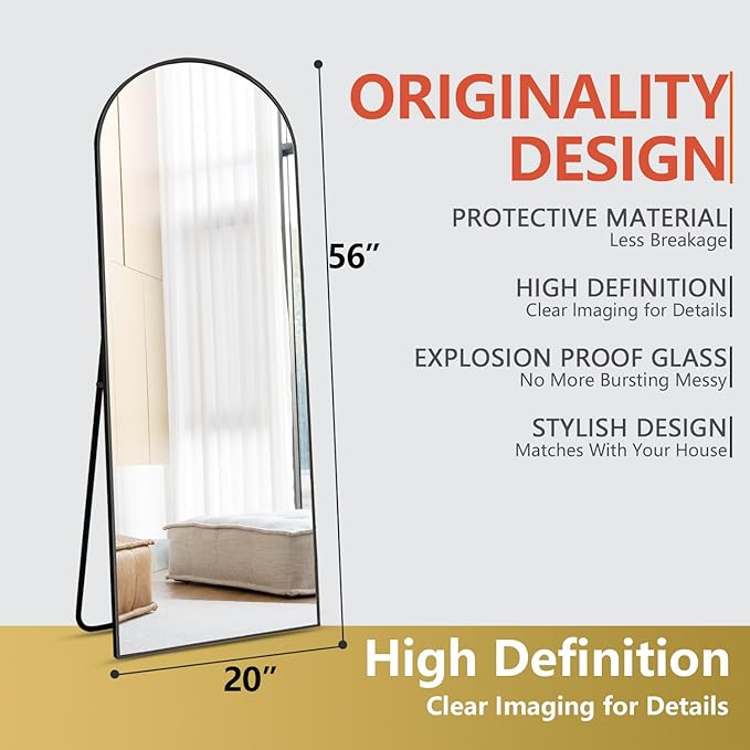 Rowjut Floor Mirror Arched Mirror Full Length 56"X20" Full Length Mirror can be Free Standing or Hanging on The Wall Used in Living Room Entrance Hall, Corridor Room Bathroom etc （Black