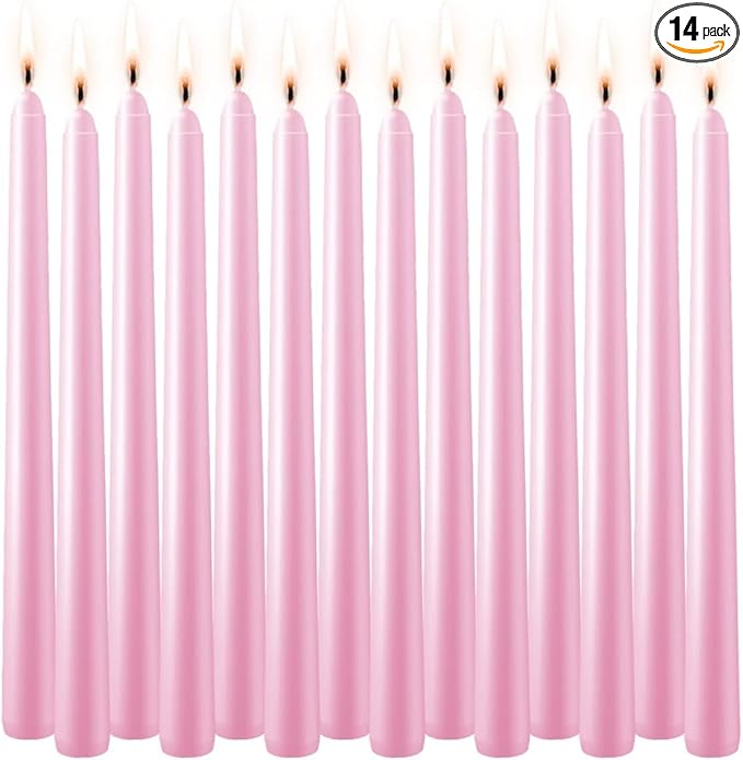 WPONSZU Set of 14 Pink Taper Candles, 7-8 Hours Burn Time, Unscented, Smokeless and Dripless, 4/5 x 10 Inch Dinner Candle Set for Valentine's Day,Household, Wedding, Party and Home Décor Candlesticks