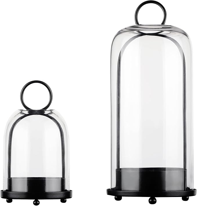 5" & 4" Wide Versatile Metal Candle Holder in Black with Handmade Thick, Heavy & Sturdy Glass Dome for Pillar Candle, Industrial, Modern, Shelf, Mantel, Veranda, Porch (Black, Large & Small)