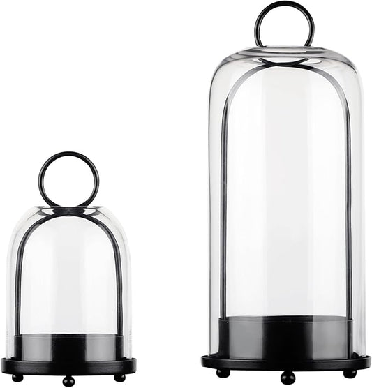 5" & 4" Wide Versatile Metal Candle Holder in Black with Handmade Thick, Heavy & Sturdy Glass Dome for Pillar Candle, Industrial, Modern, Shelf, Mantel, Veranda, Porch (Black, Large & Small)