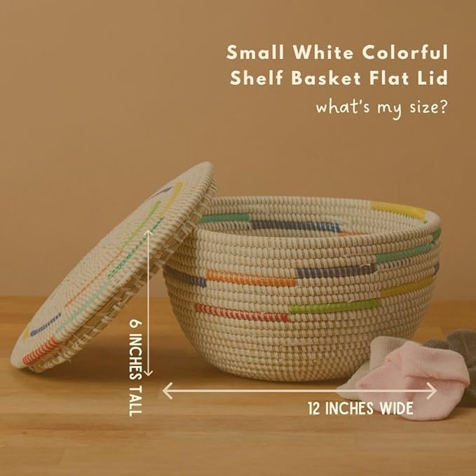 Small Decorative Basket, Colorful Pattern on White, Flat Lid, 10 Inch Wide