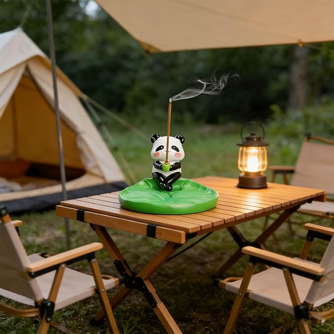 Panda Incense Holder Cute Animal Figurine Incense Burner Ash Catcher Creative Cartoon Resin Panda and Green Lotus Leaf Base Statue for Home Room Decor Meditation Yoga Spa