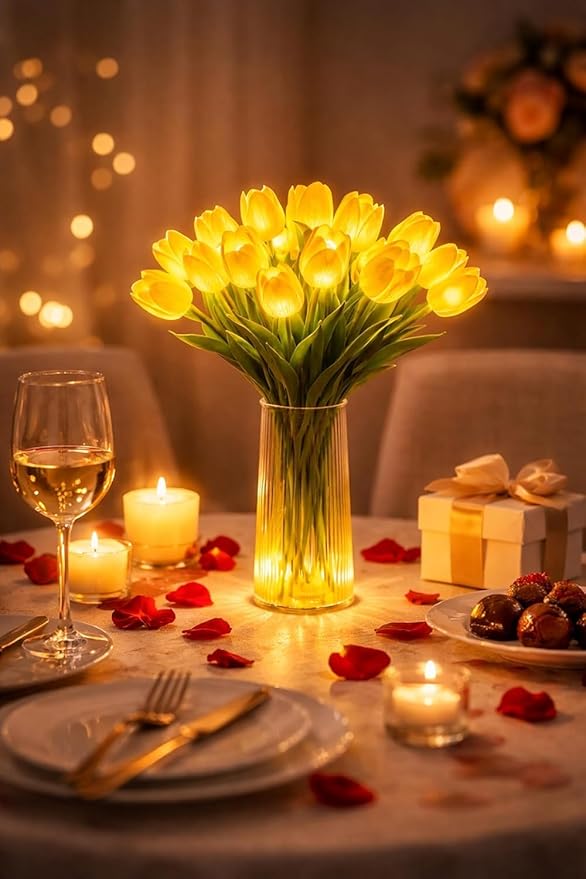 Radiant Romantic Tulip Light with a Vase, 15 PCS Twinkling Tree Tulips Led Night Light that Never Fade, Flower Shaped Ambient Night Lamp for Bedroom Bedside Decor & Gift (Mixed(with Vase))