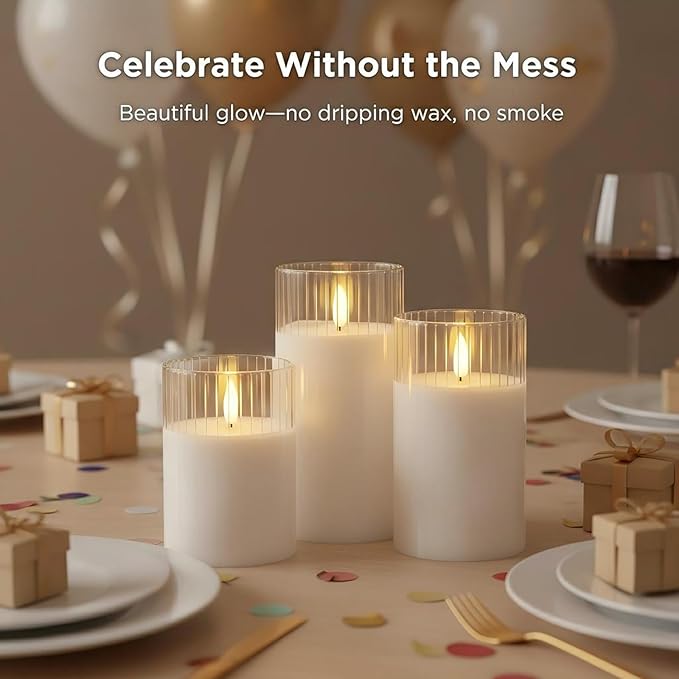 ANGELLOONG White Flameless Candles with Timer, Glass Flickering LED Candle with Remote, Set of 3 Battery Operated Pillar Candles for Bathroom Bathtub Home Decor Wedding Birthday Decoration