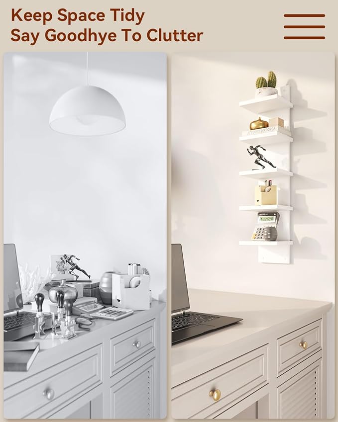 IBUYKE 5 Tier Wall Shelf Unit,White Vertical Shelf,Floating Storage Wall Shelf,Organizer Tall Tower Design Decorative Wall Mount Shelving for Home, Bedroom,Living Room,Office Decor WBC009W | Floating Storage, Wall Shelf, Organizer, Tall Tower Design, D...