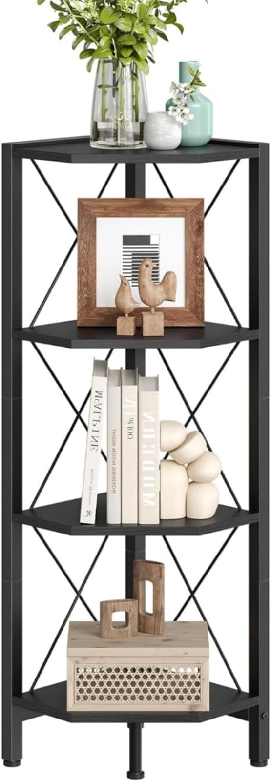 CHOEZON 4-Tier Corner Shelf, Corner Bookcase, 43.3" Tall Vertical Display Rack, Plant Stand, Open Storage Shelf, for Living Room, Bedroom, Study, Kitchen, Black TCJ14BB