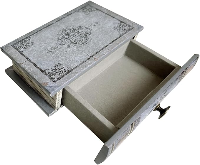 Vintage Book Storage Box with Drawer, Distressed Gray Faux Leather Cover with Ornate Baroque Design, Hidden Organizer for Jewelry or Office Bookshelf Decor 11.8″ x 8.7″ x 2.4″
