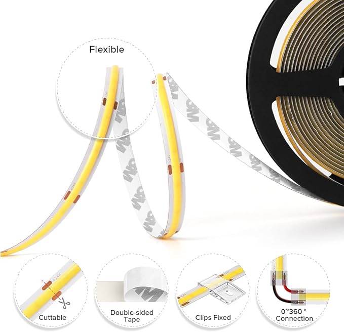 BTF-LIGHTING FCOB COB LED Strip Flexible High Density Uniform Light 9W/m 16.4FT DC24V Daylight White 5000K 480LEDs/m CRI 90+ 8mm IP65 Waterproof Width Dimmable LED Ribbon(No Adapter or Controller)