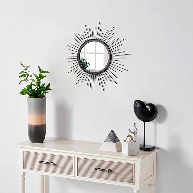 Sunburst Wall mirror Black Small Spoked Wall Decor Mirror Bohemian Home Round Modern Metal Wall Art Mirror for Living room Hallway Bedroom Bathroom Balcony Farmhouse Entrance 12"