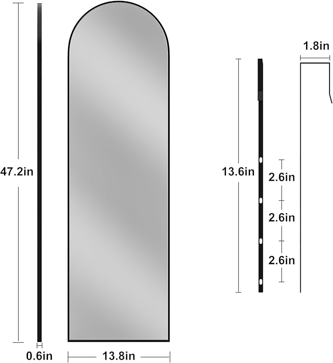 Vlush Door Mirror, Full Length Mirrors Over The Door, 14'' x 48'' Hanging/Rectangular Wall Mirror, Wall-Mounted/Hanging/Leaning, Home Decor,(Black)