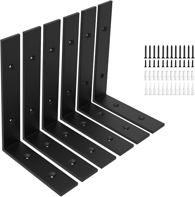 6-Pack Heavy Duty 10-Inch Black Shelf Brackets, L Shelf Bracket 10 Inch for Floating Shelves, 1/5-Inch Thick