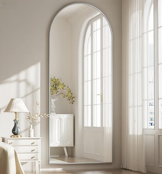 Dewfig Arched Full Length Mirror, 64"*21" Large Floor Mirror, Full Body Mirrors for Leaning or Hanging, Standing Mirrors for Bedroom, Living Room,Dressing Room, Aluminum Alloy Frame, Silver