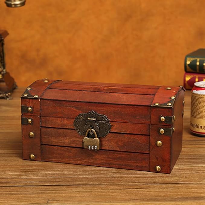 Veemoon Decorative Box Vintage Wooden Treasure Chest Storage Box with Lock Jewelry Case Makeup Storage Organizer Desktop Sundries Container Photo Prop for Home Bathroom Office Keepsake es