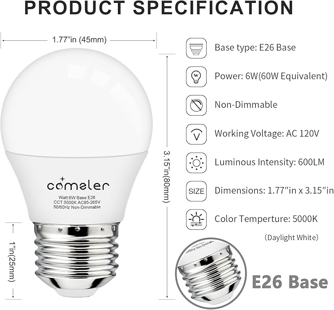 comzler 6W A15 LED Bulb Daylight 60 Watt Equivalent, E26 Medium Screw Base Small Light Bulb Cool White 5000K, Home Lighting Decorative Ceiling Fan Light Bulbs Non-Dimmable(Pack of 6)