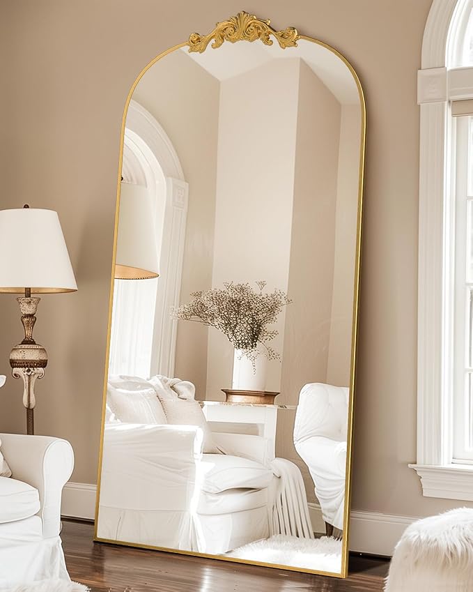 Vintage Full Length Mirror,78"x38" Arched Antique Floor Mirror with Carved Metal Frame,Large Standing Wall Mounted or Leaning Mirror for Bedroom Living Room Entryway,Gold