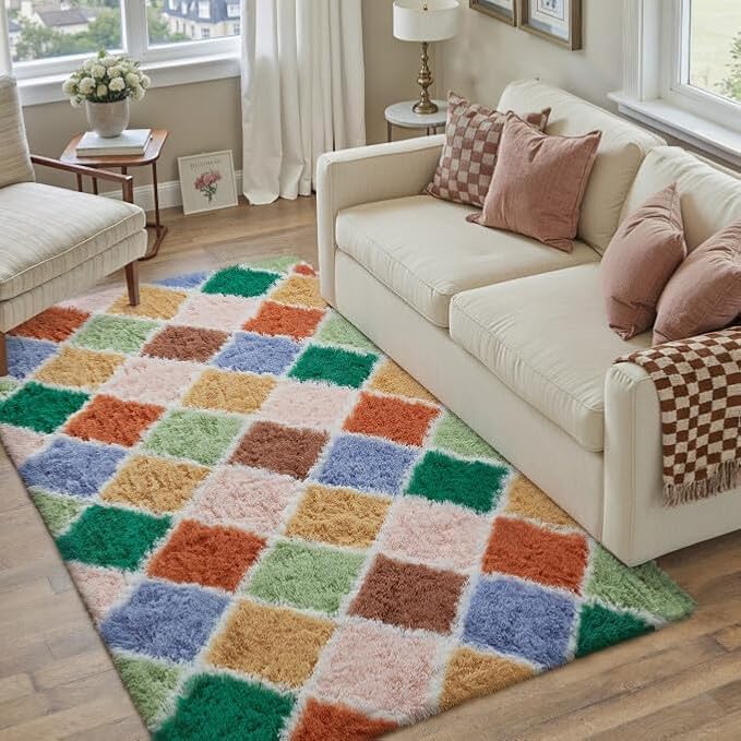 PureCozy 4x6 Checkered Rug for Living Room Colorful Modern Soft Area Rug Fluffy Non-Slip Carpet for Bedroom Playroom Home Aesthetic Decor