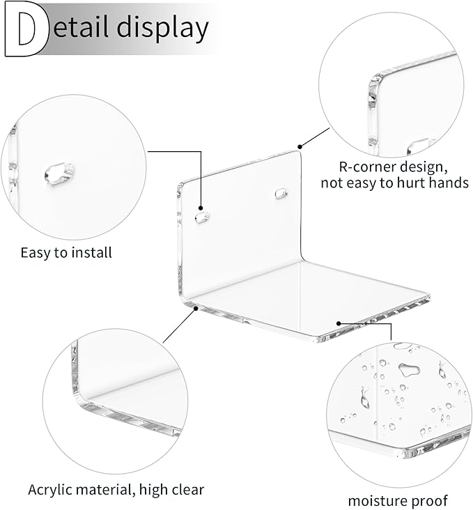 Sezanrpt 4 Inches Clear Small Wall Shelves, 4mm Thickness Acrylic Small Floating Shelf for Figures, Plants, Security Cameras, Speakers, Moisture-Proof, 2 Pack