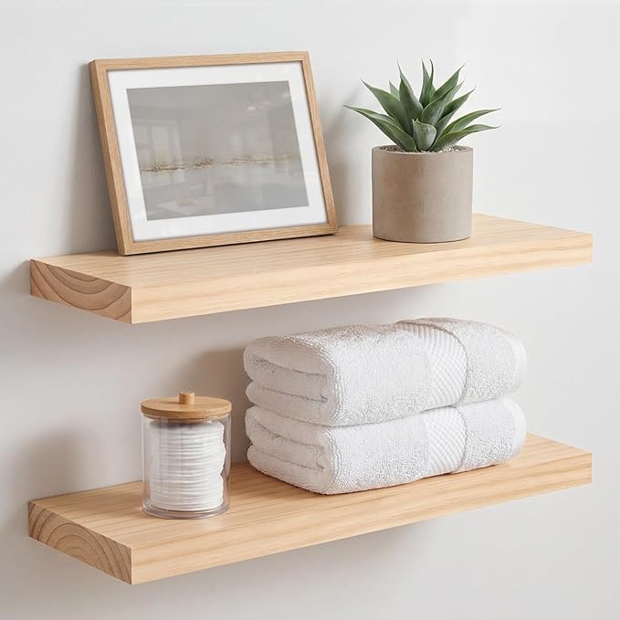 Homeforia 20 inch Natural Floating Shelf, High End Solid Real Wood 20inch Small Floating Shelves for Wall Mounted, Natural Wooden Floating Shelves, Heavy Duty Bracket, 20 X 6.5 X 1.75 in, Set of 2
