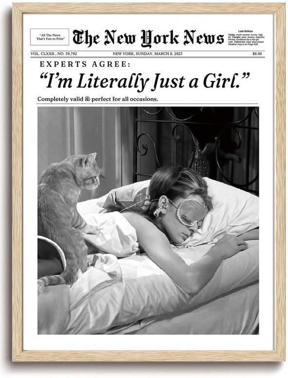 Bwodke OAK Wood Framed Wall Art Audrey Hepburn Magazine Canvas Art I‘m Literally Just a Girl Pictures Wall Decor Trendy Prints Vintage Newspaper Artwork for Girly Dorm Bedroom 8"x10"