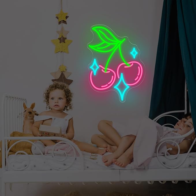 Cherry Bling Neon Sign Aesthetic LED Wall Light for Bedroom Bar Sign, Cute Fruit LED Light, Retro Vintage Dormitory Room Decor, Gift for Her, 16.5"x12.4"