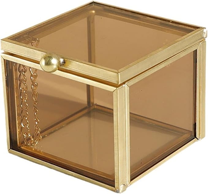 Outanaya Square Glass Jewelry Box with Lid, Nordic Style Amber Glass Organizer for Cosmetics and Jewelry Storage, Decorative Home Perfume Case for Women