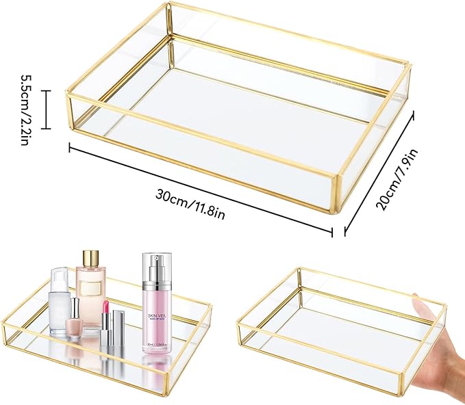 Hapivida Golden Vintage Glass Box, Vintage Glass Jewelry Organizer Box, Clear Glass & Brass Metal Storage Jewelry and Cosmetic Makeup Case Holder Organizer(Large)