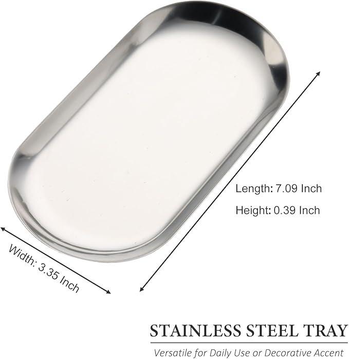 SUTOKAKA 2 Pack Stainless Steel Silver Decorative Tray, Small Oval Perfume Jewelry Candle Dish, Dinner Macarons Dessert Plate for Home Entry Decor Bathroom Kitchen Storage