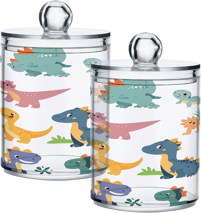 Nander 2Pack Cartoon Dinosaur Qtip Holder Dispenser -Clear Plastic Apothecary Jars Set - Restroom Bathroom Makeup Organizers Containers for Cotton Swab, Ball, Pads, Floss