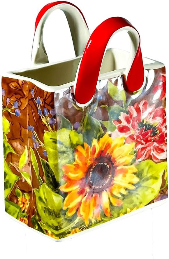 Handbag-Shaped Ceramic Desk Organizer & Small Flower Vase, Sunflower Floral Pattern, Pencil Pen Holder, Makeup Brush Holder for Vanity, Cute Office Desk Decor, 4.7 in Tall