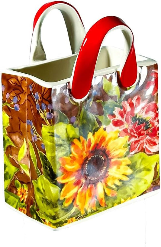 Handbag-Shaped Ceramic Desk Organizer & Small Flower Vase, Sunflower Floral Pattern, Pencil Pen Holder, Makeup Brush Holder for Vanity, Cute Office Desk Decor, 4.7 in Tall