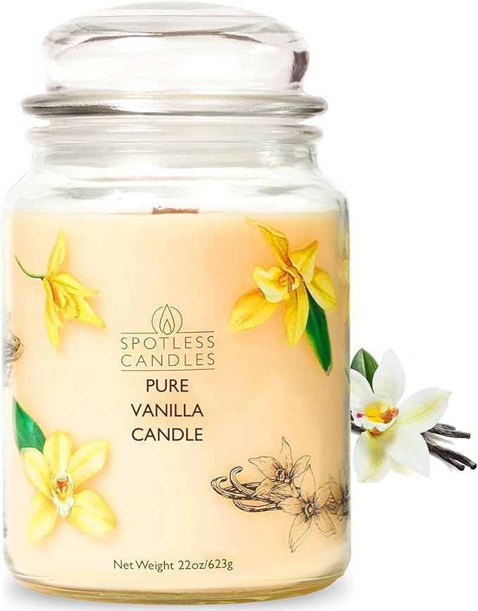 Pure Vanilla Scented Candle 22oz – 80-85 Hour Burn Time, Wooden Wick, Large Glass Jar with Lid, Warm Cozy Fragrance for Home Relaxation & Gift by Spotless Leopard