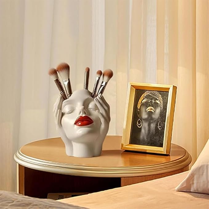 Women's Head Shape Boho Feminist Decoration Body Vase Head Vase Vintage Makeup Brush Holder Boho Makeup Organizer Rotating Makeup Organizer Idealized for Home Decor (B)