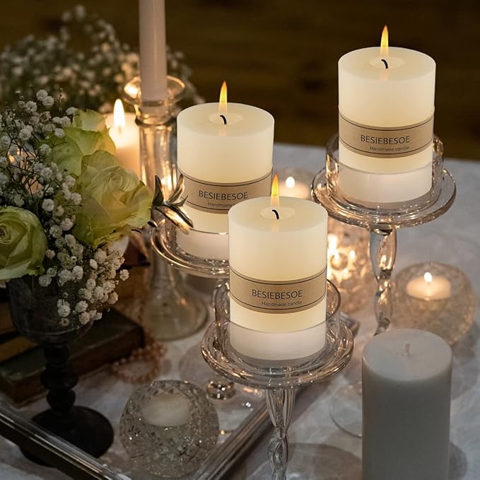 3×4 Ivory Pillar Candles Set of 3 Unscented Handpoured Weddings, Home Decoration, Restaurants, Spa, Church Smokeless Cotton 120 Hour