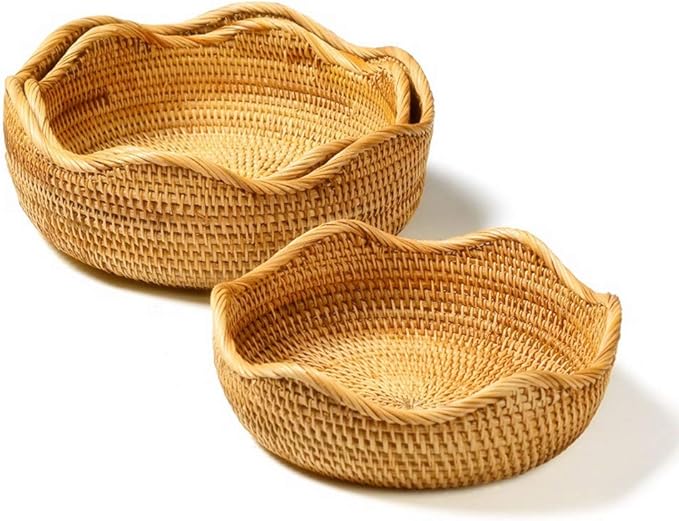 Handmade Rattan Round Fruit Basket Food Storage Bowls Kitchen Organizer Snack Serving Bowl 9 10 Inch Wavy Edge Circle Tray Basket with 3” Deep Wall, Boho Décor Display Tray Bowl (2-Size Kit)