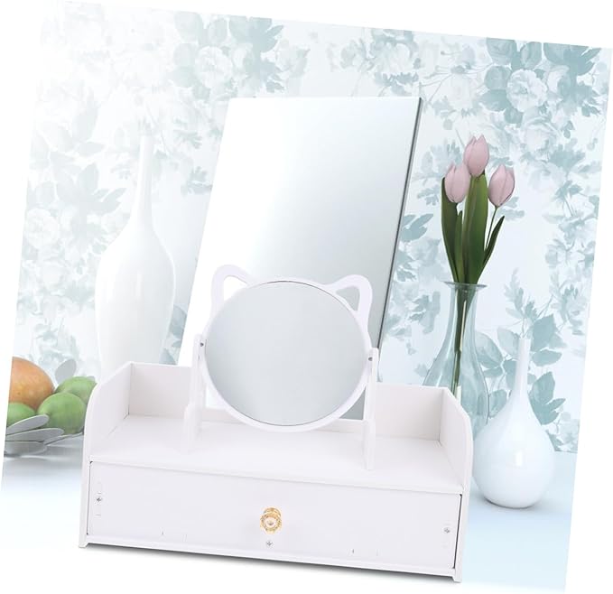 Makeup Vanity Mirror with Storage Case, Large Desktop Standing Mirror with Single Drawer, Round Cosmetic Organizer for Women’s Tabletop Dressing Table