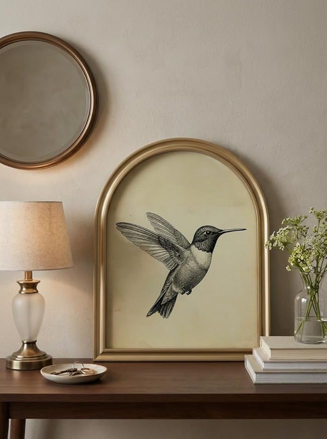 TwoDays Gold Vintage Hummingbird Arched Wood Framed Wall Art – Nature Bird Canvas Picture for Home Aesthetic Wall Decor, Cottagecore Farmhouse Artwork Prints for Living Room, Bedroom (11" x 13.8")