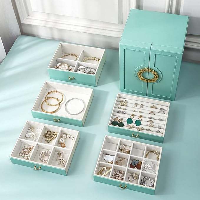 VSULZVNU Makeup Organizers Jewelry Box Double Door Five Drawer Storage Box Ring Earring Necklace Bracelet Lipstick Watch Storage Box Built-in Flannel Jewelry Case (Color : A)