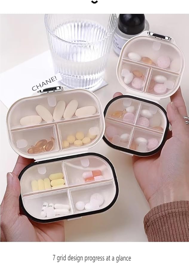 Goshentech Pill Organizer Case with Lock, Compartmentalized Dispenser for Men and Women, Beige(Small Milk White)